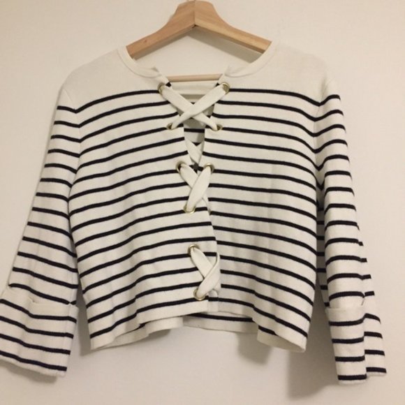 Maje Montreal Ecru criss cross lace up back Breton stripe cropped sweater - Picture 8 of 10